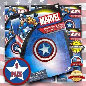9-Pack Marvel American Dream Glitter Tattoos, Captain America Shield Party Favor